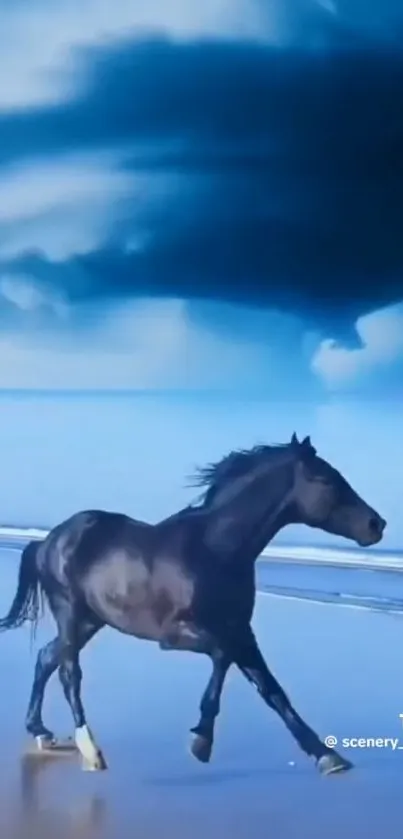 Horse galloping on beach under stormy sky.