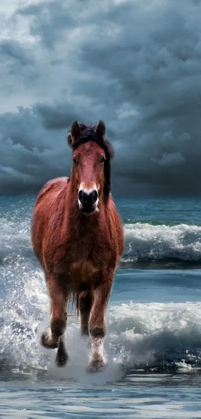 Horse running in ocean waves under a cloudy sky, creating a dynamic nature scene.