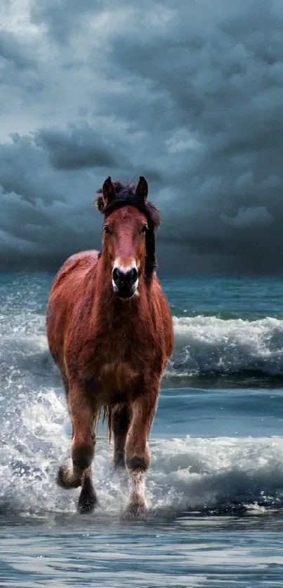 Horse galloping in ocean waves under a dramatic cloudy sky.