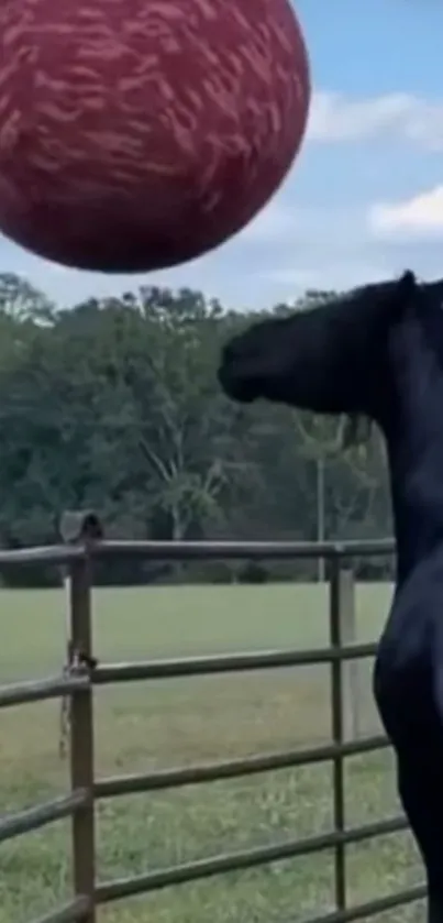 Black horse gazing at a giant red ball in a countryside field.