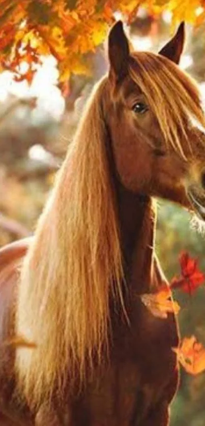 A majestic horse with golden mane in autumn leaves setting.