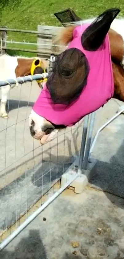 Horse wearing pink hood near fence, outdoor setting.