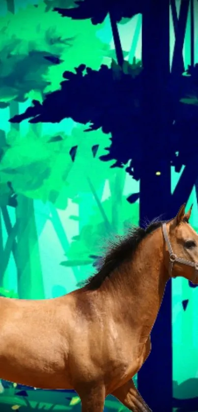 Horse in a vibrant green forest wallpaper art.