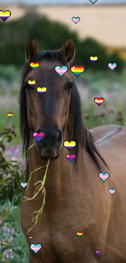 Brown horse in a meadow with colorful hearts on mobile wallpaper.