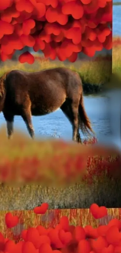 Serene horse by lake with vibrant red hearts backdrop.