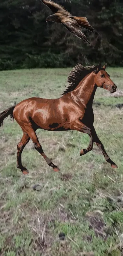 Galloping horse in lush green field landscape.