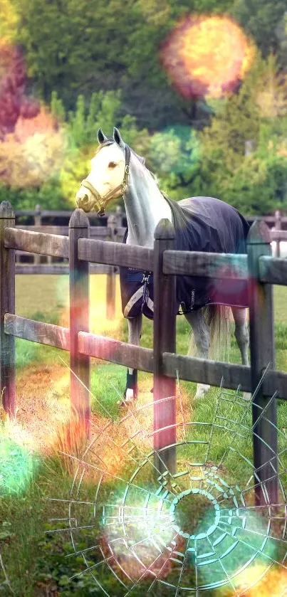 Horse in a vibrant fenced field with colorful, dreamy bokeh lights.