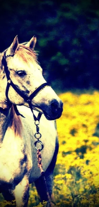 Majestic horse standing in yellow flower field, serene mobile wallpaper.