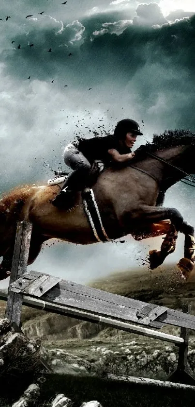 Rider and horse jumping over an obstacle against a dramatic sky.