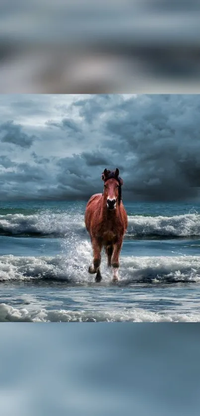 A horse galloping through ocean waves under a stormy sky.