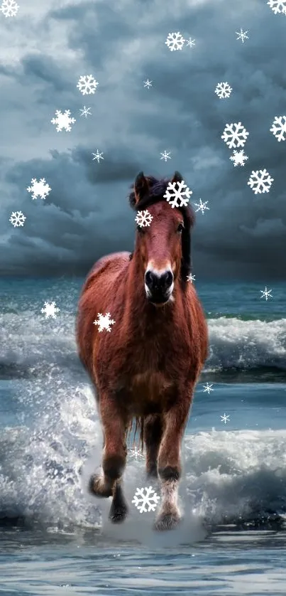 Brown horse galloping through ocean waves with falling snowflakes.