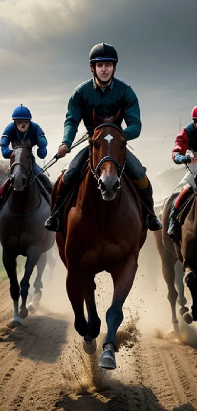 Three jockeys race horses on a dirt track with dynamic energy.