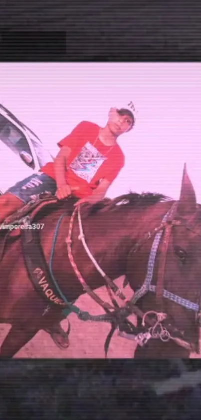 Rider in red on a brown horse with pink tones.