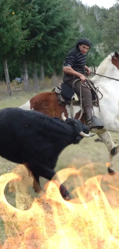 Thrilling scene of horseback rider, charging bull, and flames in nature.