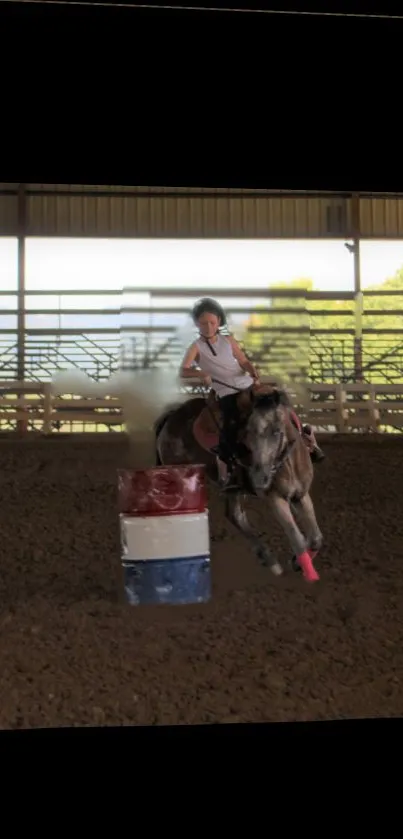 Horse and rider racing indoors in arena.