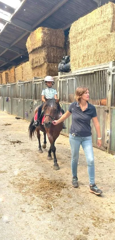 Child learning horse riding in a rustic stable.