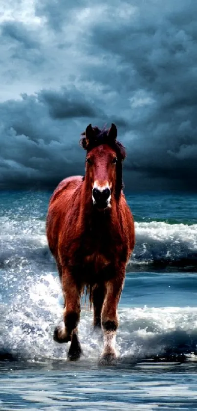 Majestic horse running through ocean waves under a cloudy sky.