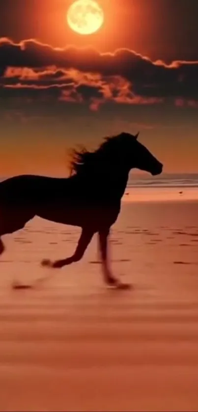 Silhouette of a horse galloping on a beach at sunset under an orange sky.