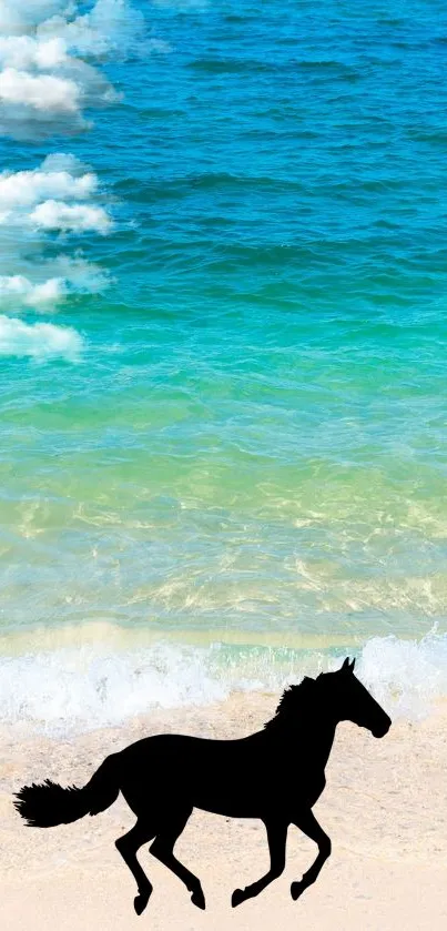 Silhouette of a horse on a turquoise beach with ocean waves.