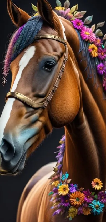 Brown horse with colorful floral crown on dark background.