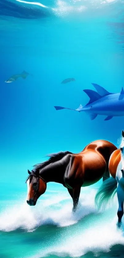 Surreal underwater scene with horses and ocean creatures.