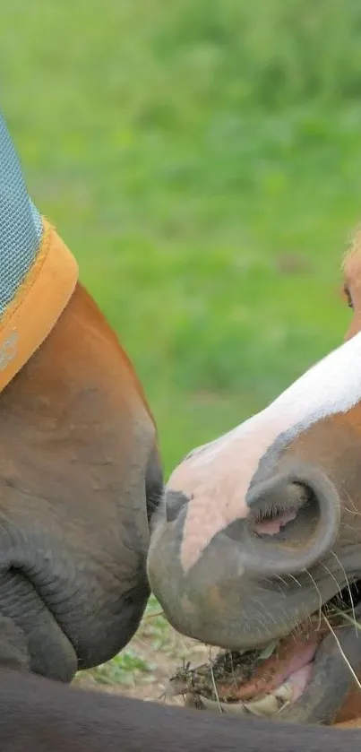 Close-up of two horses grazing serenely in a green pasture.