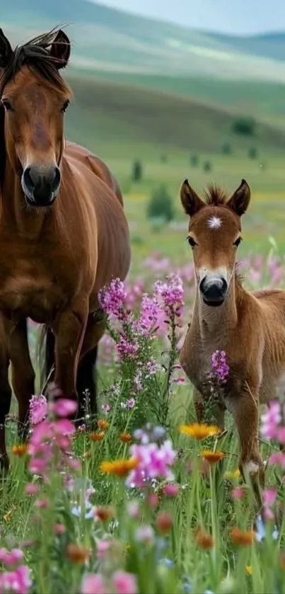 Horses in a vibrant meadow filled with spring flowers.