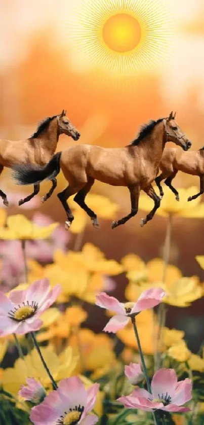 A scenic wallpaper of horses galloping across a pink and yellow flower field under the sun.