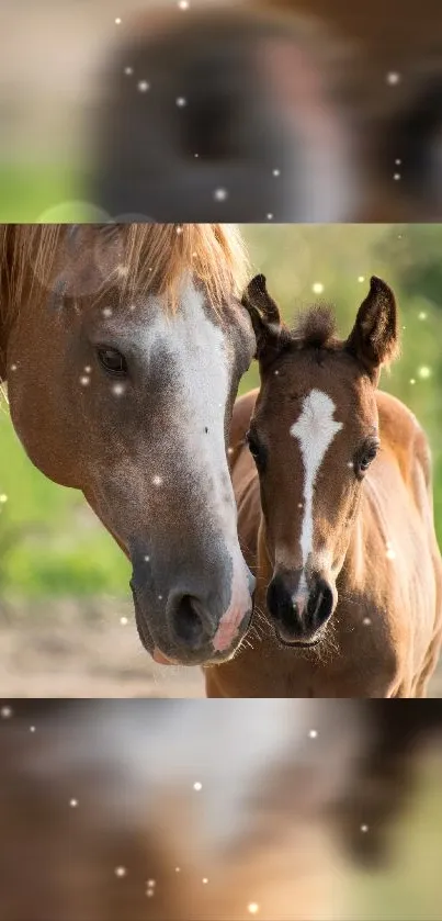 Horse and foal in natural setting mobile wallpaper.