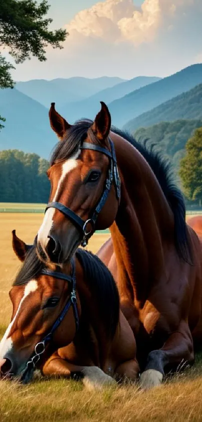 Two horses resting in a picturesque field with mountains in the background.