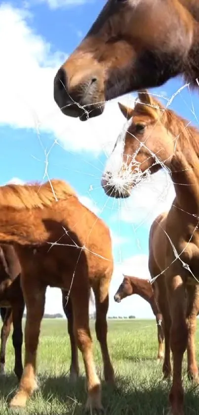 Horses standing in a grassy field under a bright blue sky.