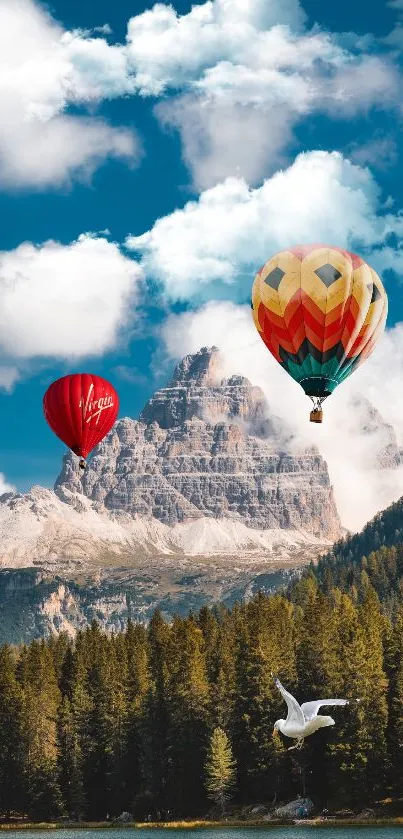 Colorful hot air balloons over mountains with a clear blue sky.