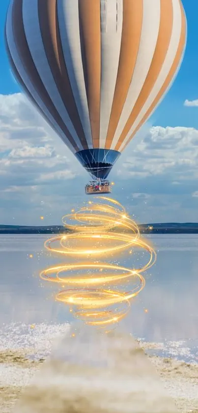 Hot air balloon with golden spiral over water and clouds.