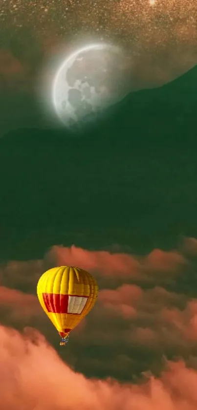 Hot air balloon floating under a moonlit sky with orange clouds and mountains.