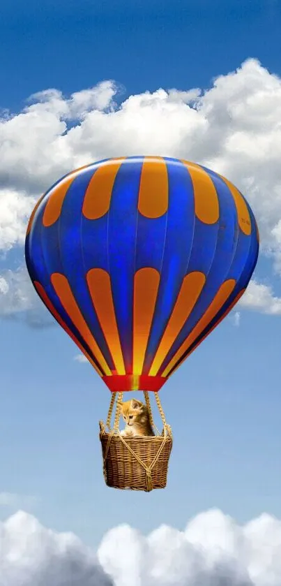 Cat travels in a hot air balloon with blue sky background.