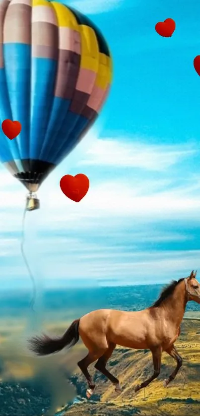 Hot air balloon and horse in vibrant landscape with hearts.