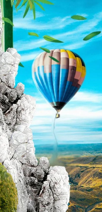 Colorful hot air balloon soaring over scenic cliffs and vibrant landscapes.