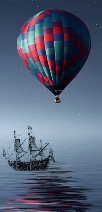 Colorful hot air balloon floating above ocean with a vintage ship.