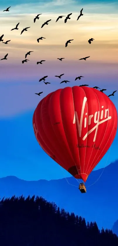 Red hot air balloon in blue sky with birds.