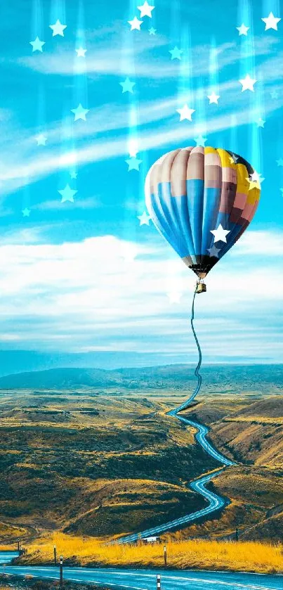 Fantasy landscape with a hot air balloon and starry sky.