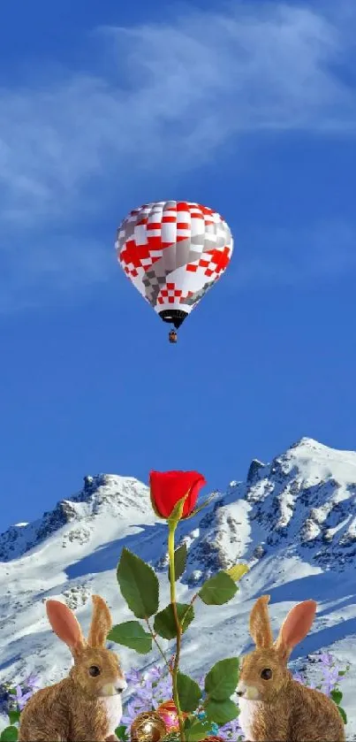 Hot air balloon over snowy mountains with rabbits.