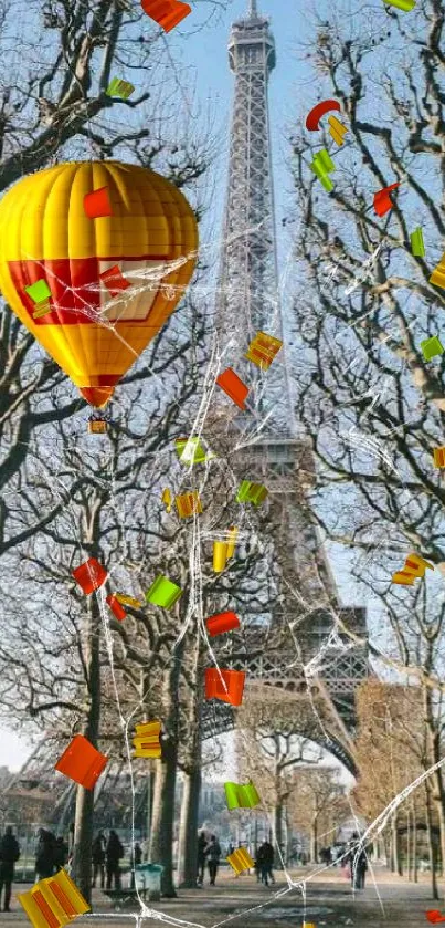 Eiffel Tower with hot air balloon in Paris landscape.