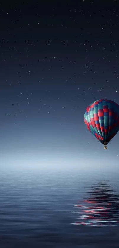 Serene hot air balloon floating over reflective night water, under a starry sky.