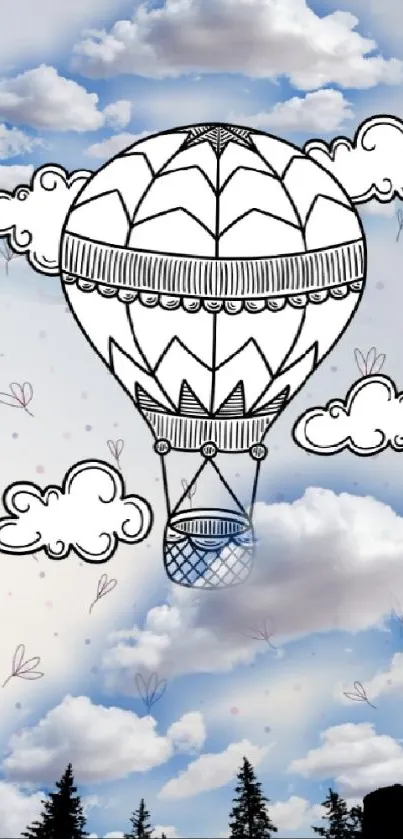 A sketched hot air balloon floating in a blue sky with clouds.