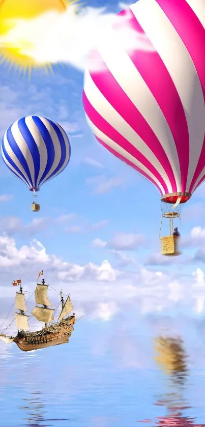 Colorful hot air balloons float above a serene ocean with a sailing ship.