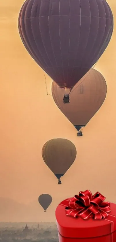 Hot air balloons float gracefully over a sunrise-lit landscape.