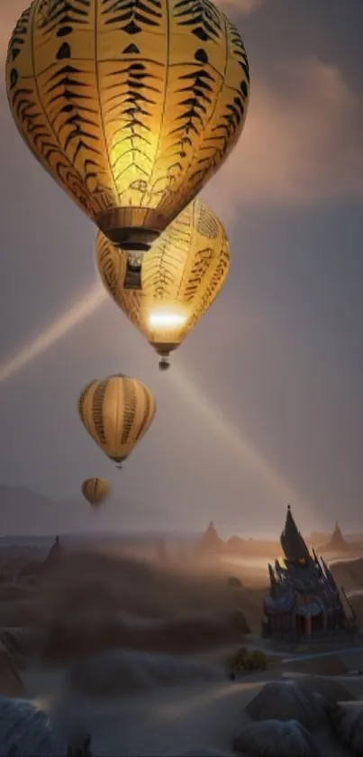 Hot air balloons floating at sunset over a peaceful landscape.