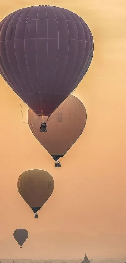 Hot air balloons float at sunset over an ancient landscape, creating a serene view.