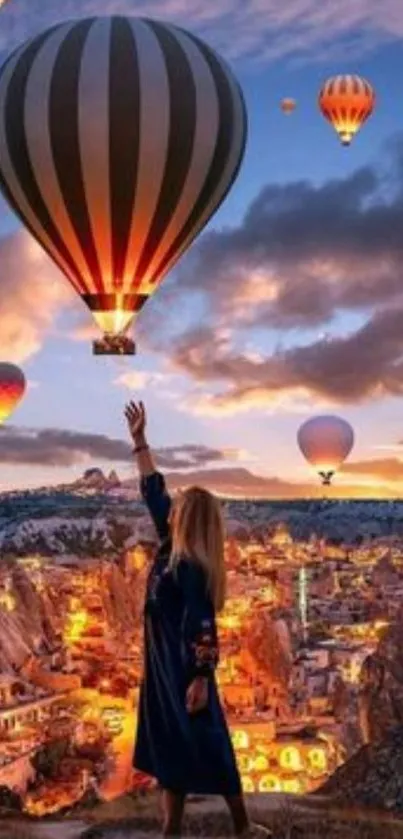 Hot air balloons floating over a sunset-lit cityscape, capturing a magical scene.