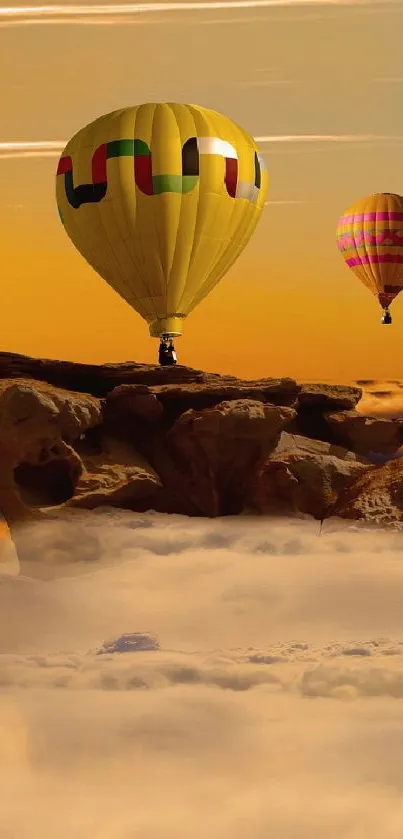 Hot air balloons float above a sunset-lit landscape and clouds.